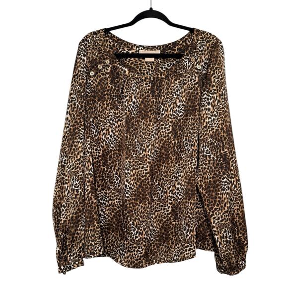 Michael Kors 16W Plus Leopard Animal Print Blouse Long Sleeve Button Detail Top - Picture 1 of 7